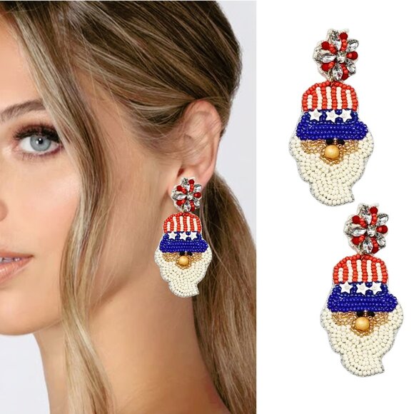 Uncle Sam 4th of July Patriotic American Flag Seed Bead Drop Earrings NEW - Picture 1 of 2